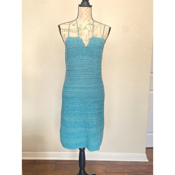NWT Olive+Oak Blue Halter Swimsuit Cover Crochet Dress Womens Sz L Teal Sky Blue - Picture 3 of 7